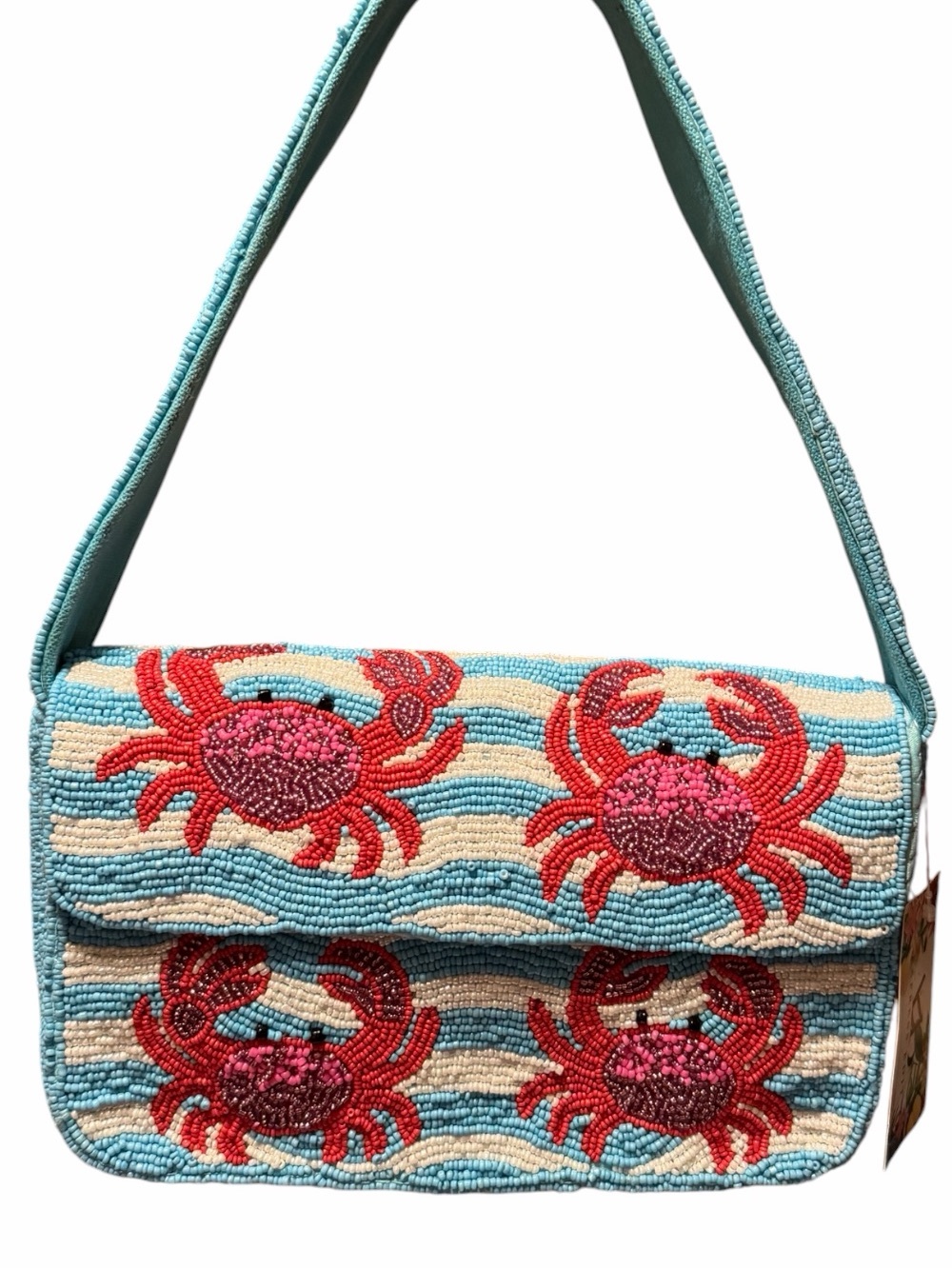 America & Beyond Hand-Beaded Crab Shoulder Bag in Turquoise and Red